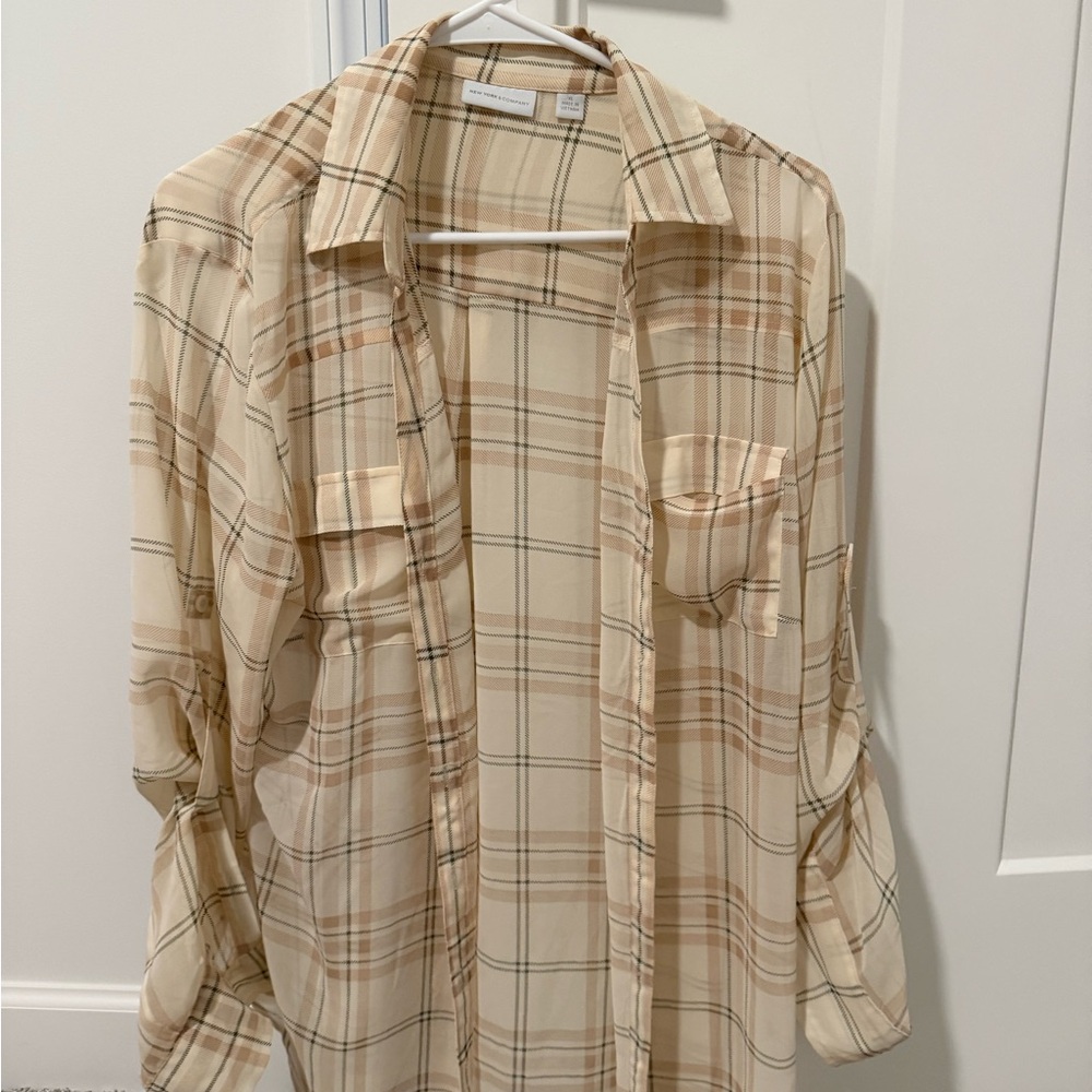New York & Company Plaid Blouse - Cream and Tan